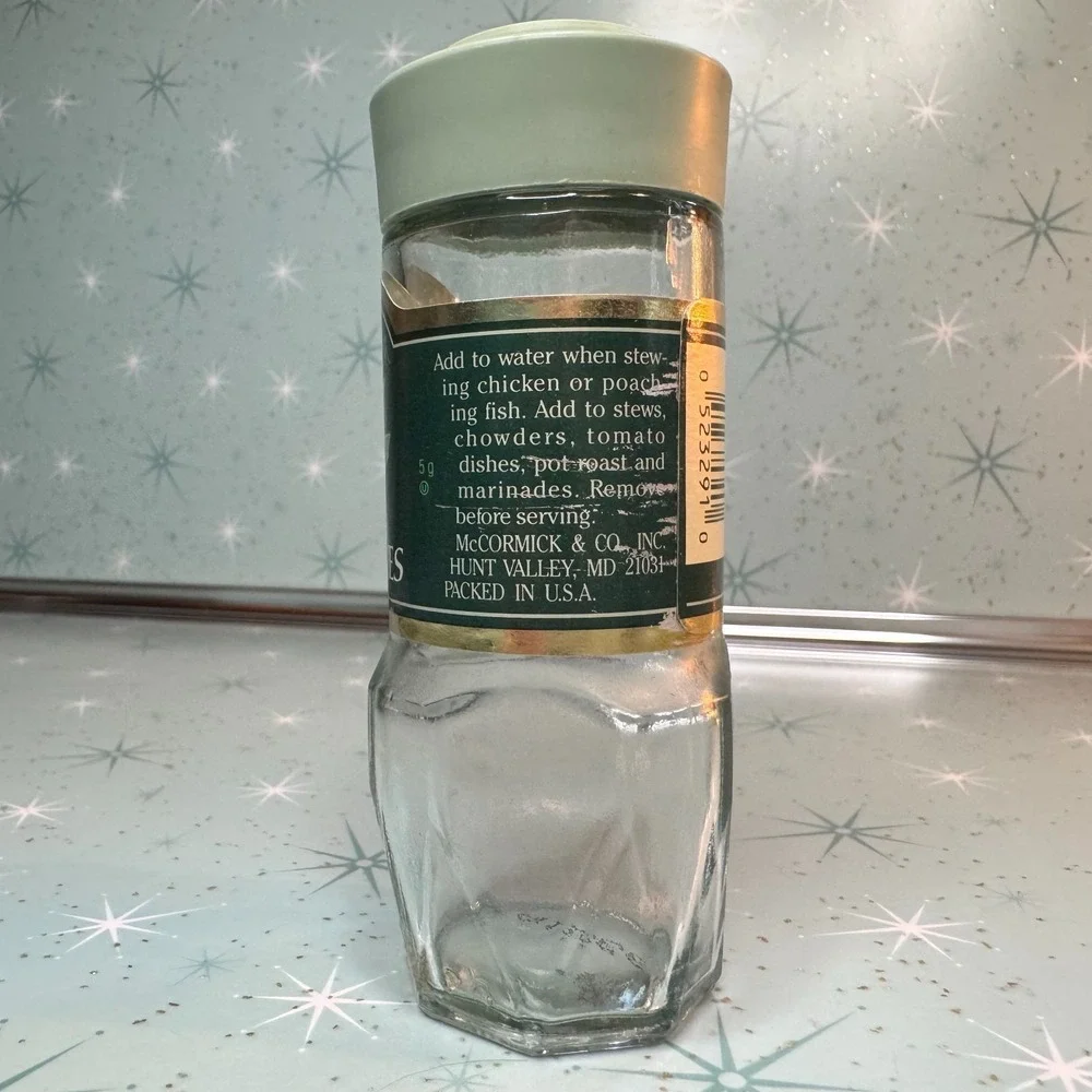 Vintage McCormick Turkish Bay Leaves Jar‎ Green Lid and Label Glass Spice Bottle